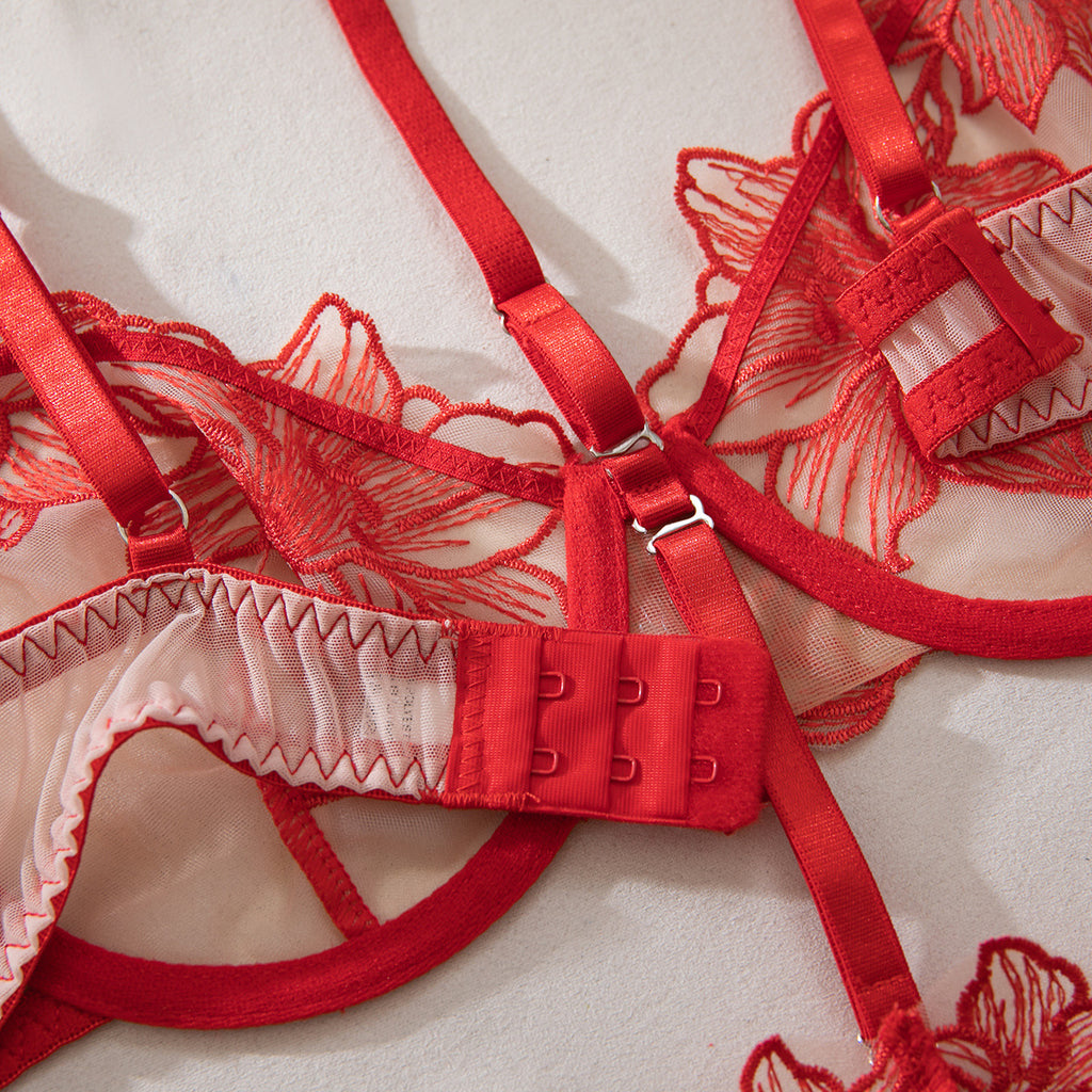Red Lily Embroidered Halter Adjustable Detachable Creative Five Piece Set Valentine Gift