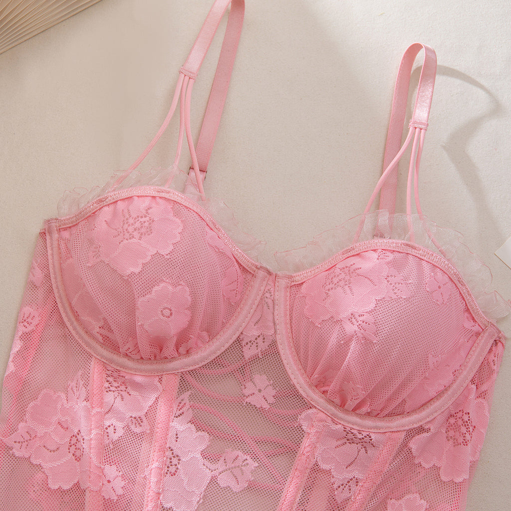 Pink Sexy Multi Layer Lace Plastic Bones Body Shaping Lace Strap Back Hollow Out Cutout out Dress