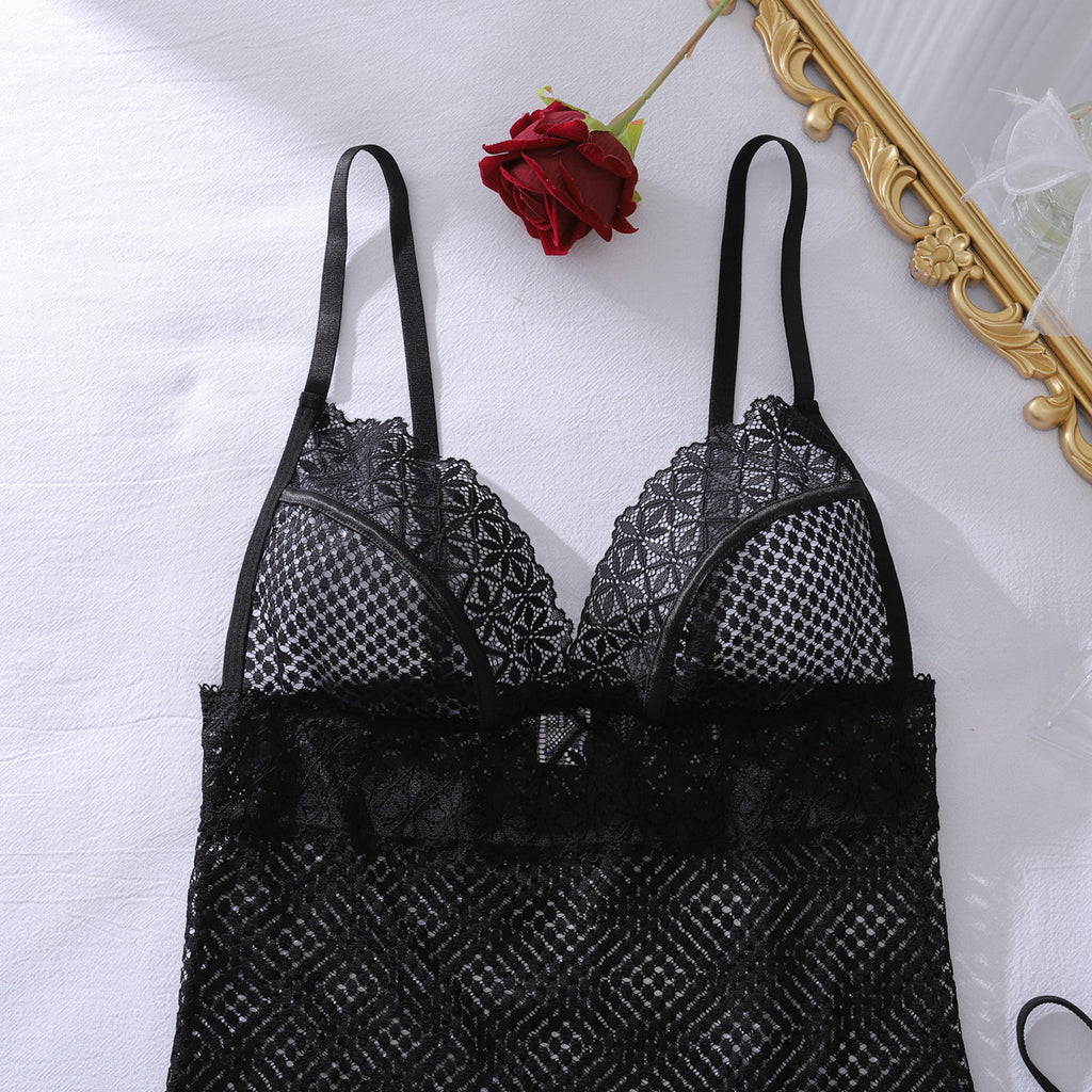 Deep V Plunge See through Lace Hollow Out Cutout Fishnet Clothes Body Shaping Sheath Sexy Sling Split Set
