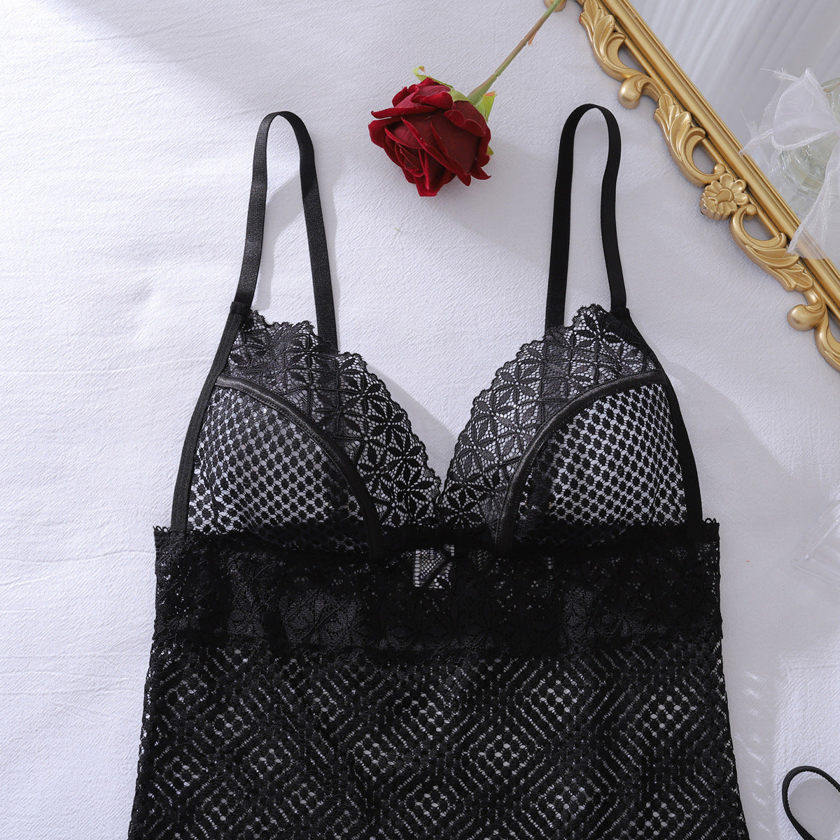 Deep V Plunge See through Lace Hollow Out Cutout Fishnet Clothes Body Shaping Sheath Sexy Sling Split Set