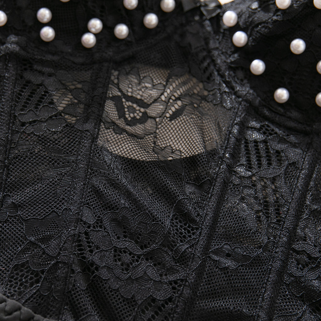 Black Staring Pearl Hand Wear Plastic Bones Shaping Body Shaping Double Layer Chest Cup Lace Jumpsuit Single Dressing