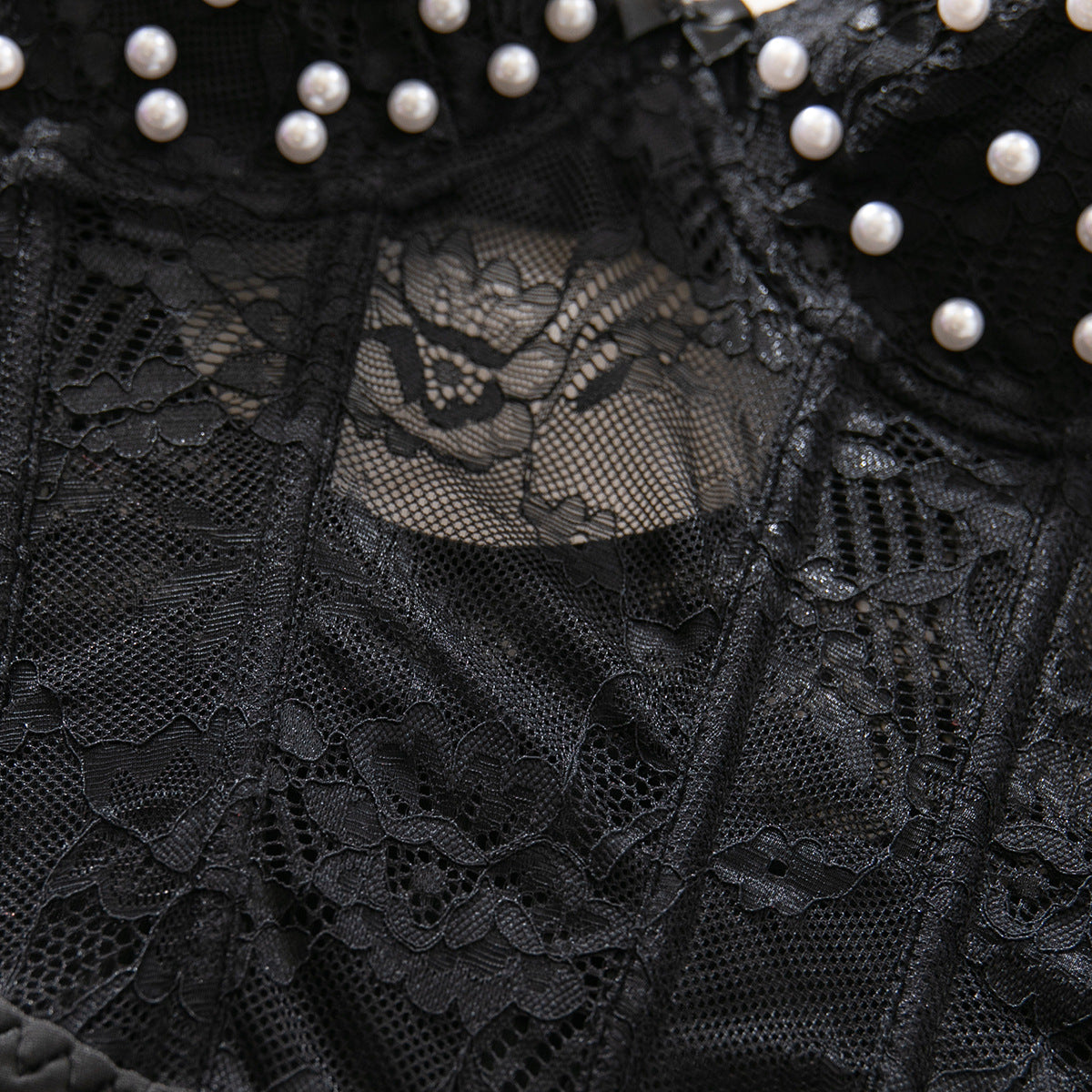 Black Staring Pearl Hand Wear Plastic Bones Shaping Body Shaping Double Layer Chest Cup Lace Jumpsuit Single Dressing