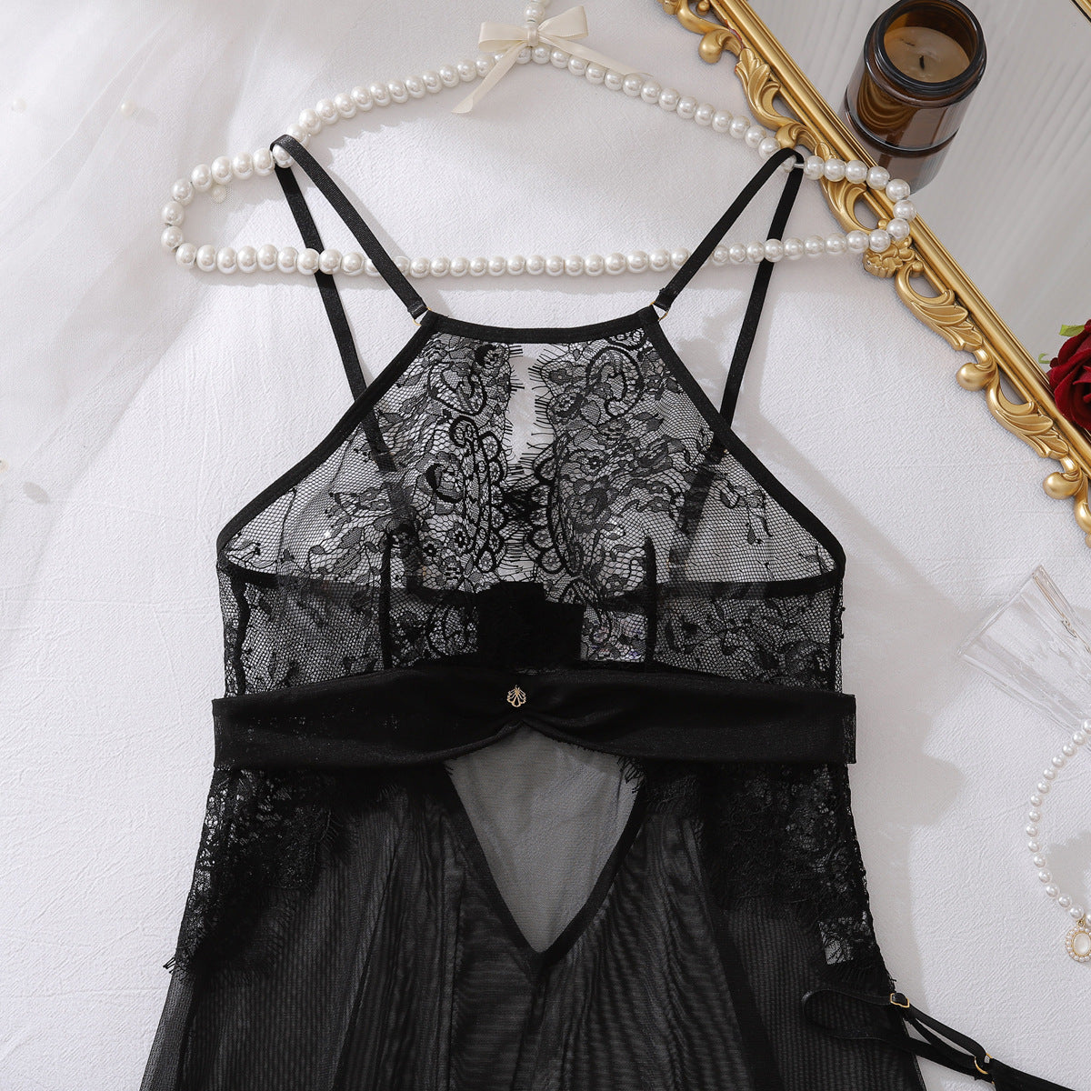 Eyelash Lace Sexy Hollow Out Cutout out Camisole Stitching Comfortable Mesh See through Nightdress Two Piece Sets