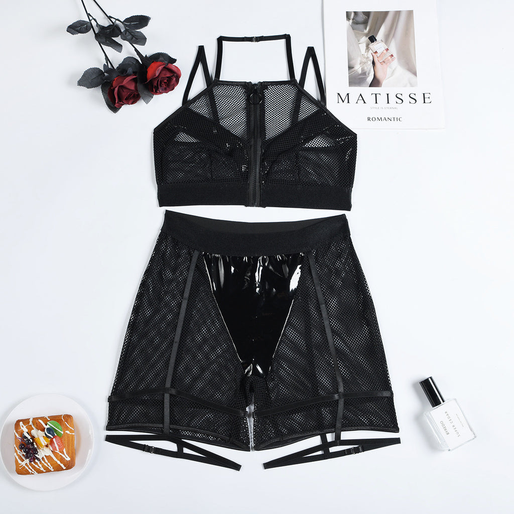Sexy Lingerie Women Mesh Hollow Out Cutout out Three Point Faux Leather Stitching Sexy Halter Uniform