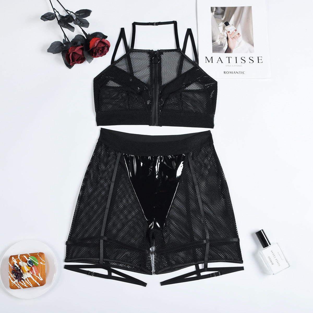 Sexy Lingerie Women Mesh Hollow Out Cutout out Three Point Faux Leather Stitching Sexy Halter Uniform