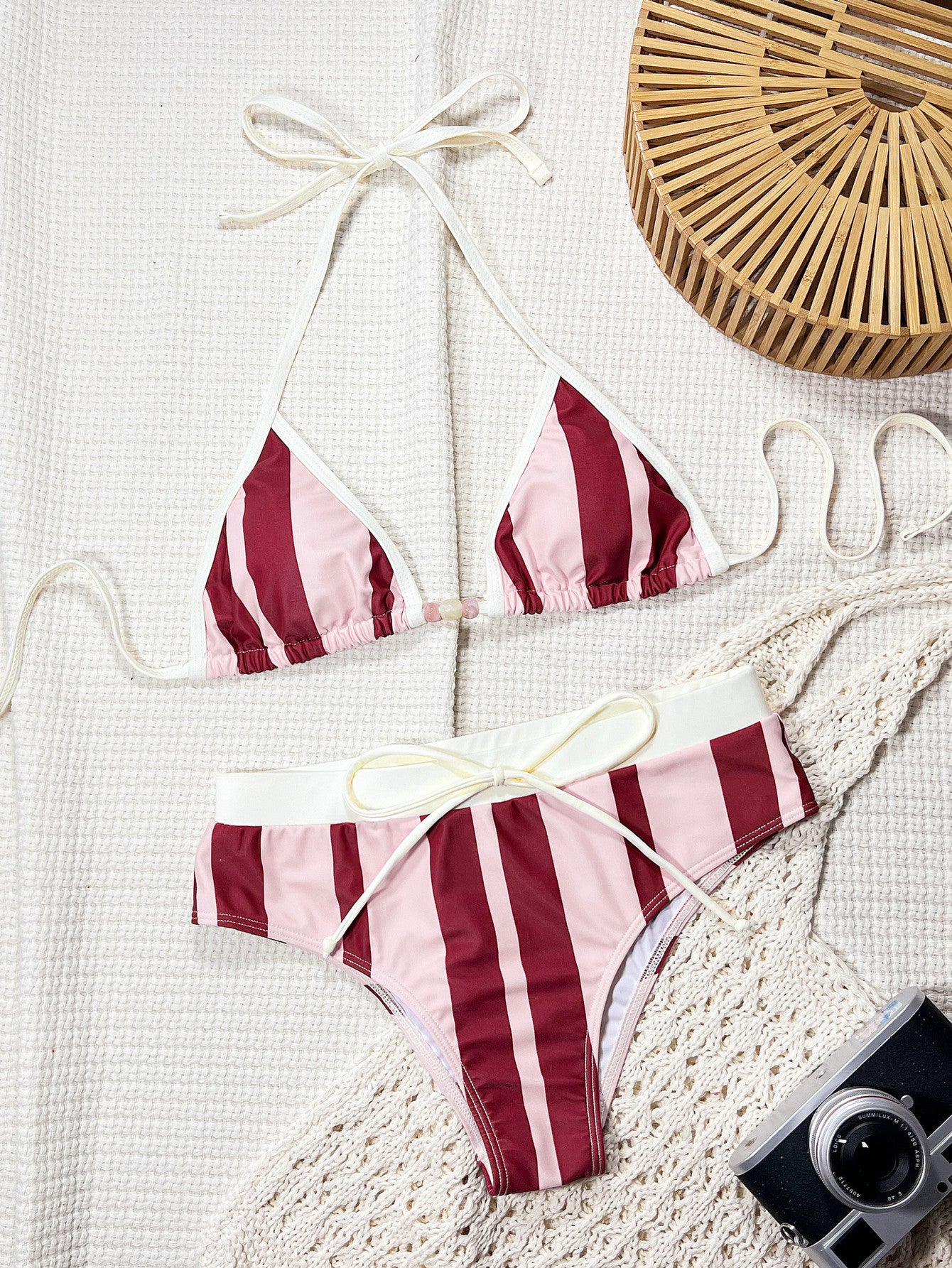 Split Two Piece Set Swimsuit Tether Exposed Back Bikini Print Cute Sexy Women Swimsuit