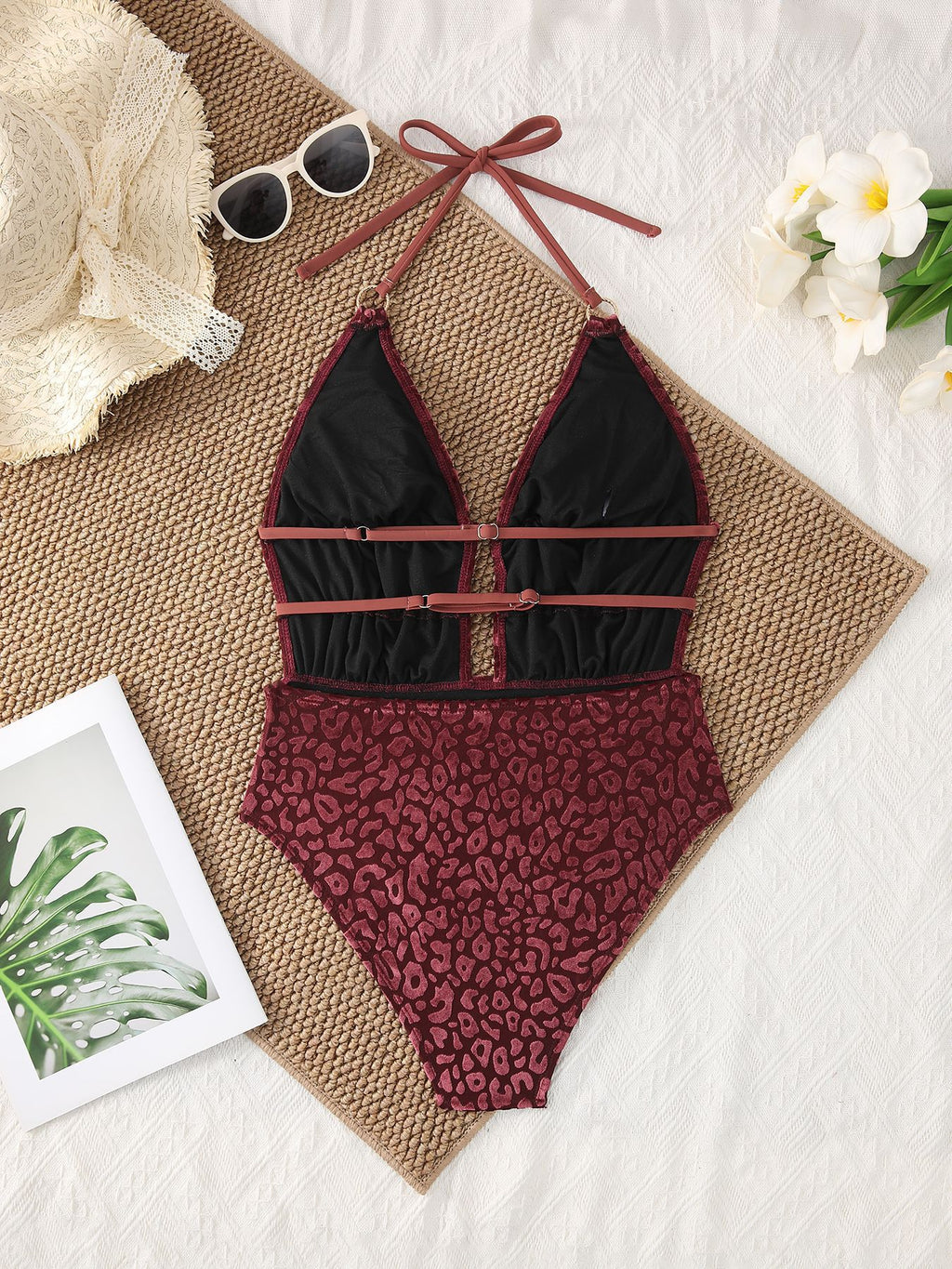 Leopard Print V neck Halter Backless Sexy Slim One Piece One Piece Swimsuit