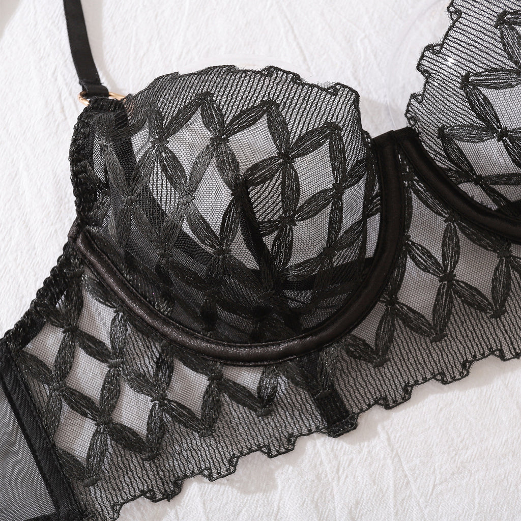 Sexy Lace Bra Mesh See through Shaping Slim Sexy Lingerie Underwear Four Piece Set