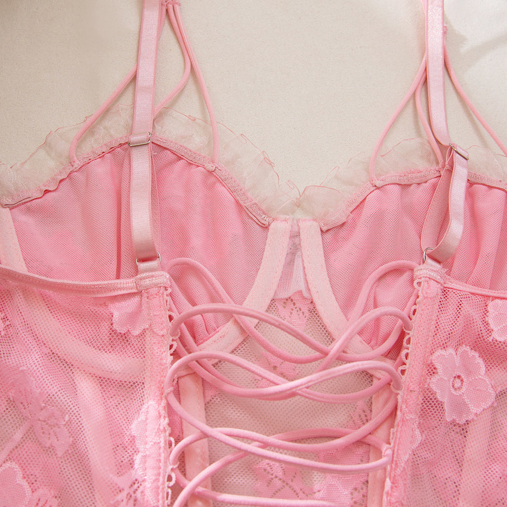 Pink Sexy Multi Layer Lace Plastic Bones Body Shaping Lace Strap Back Hollow Out Cutout out Dress