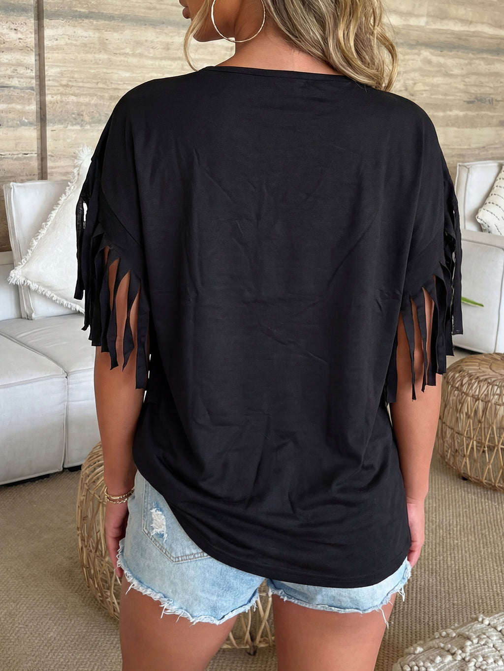 Women Clothing Personalized Tassel Simple T shirt round Neck Top Mid Length Bottoming Shirt Simple All Match