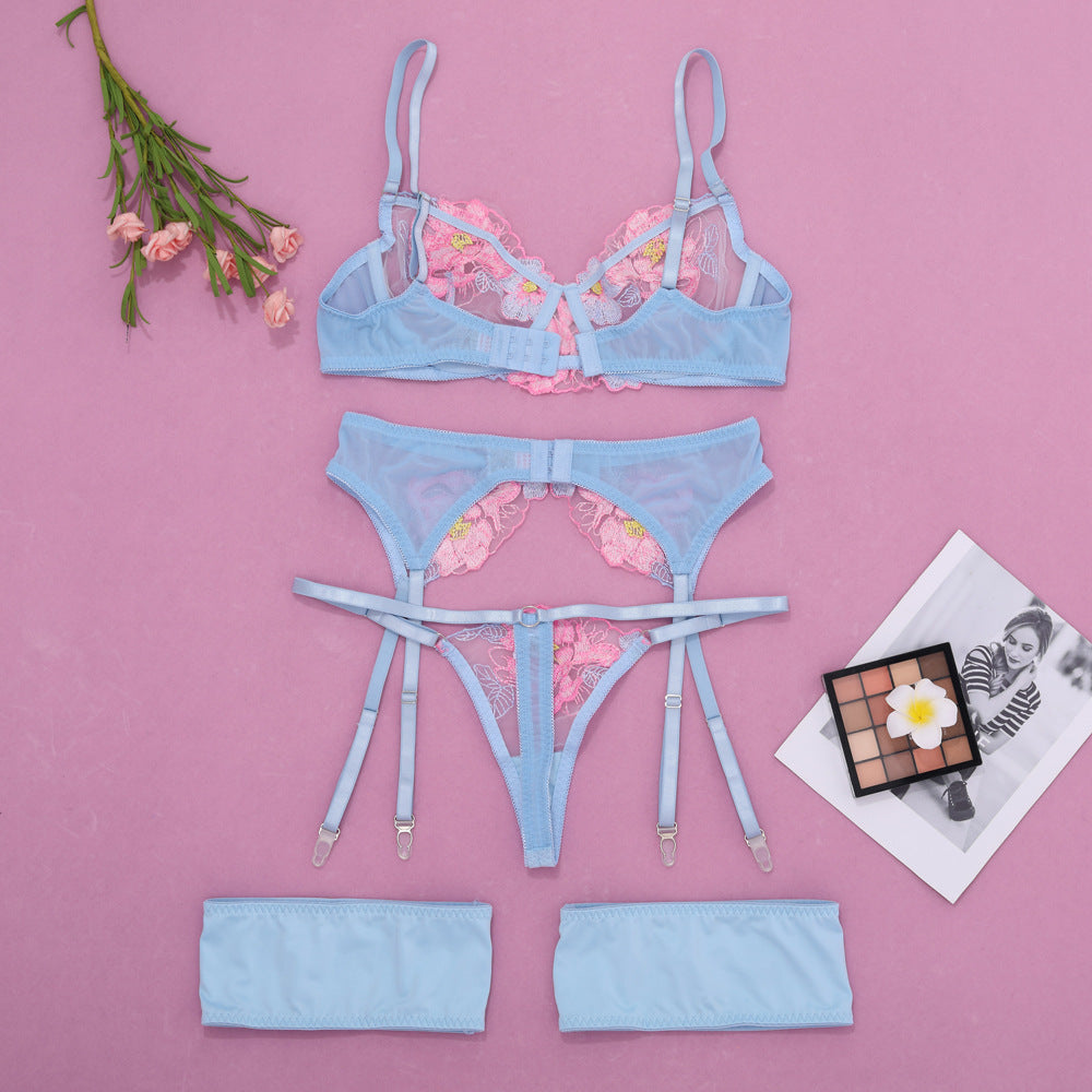 Sexy Three Point Embroidery Mesh See through Sexy Lingerie Four Piece Set