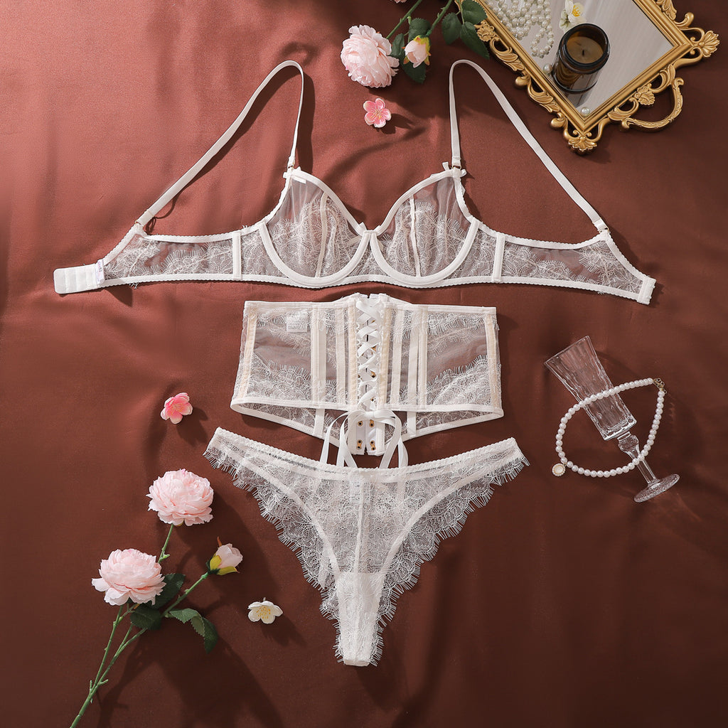 French Lace Sling See through Push up Body Shaping Sexy Thin Underwear Set