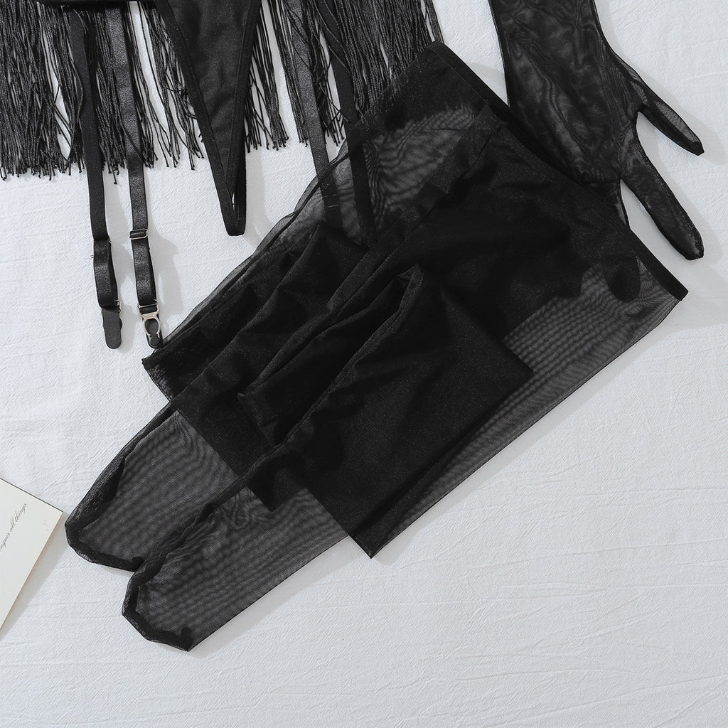 Sexy Lace See through Tassel Hollow Out Cutout Underwear Free Temptation Sexy Six Piece Set