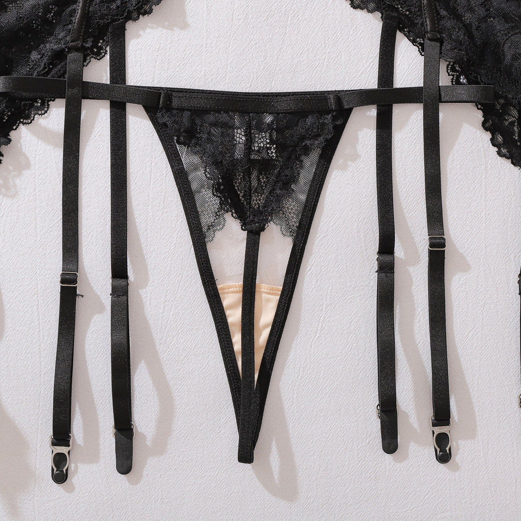 Floral Lace Hollow Out Cutout out See through Body Shaping Sexy Three Point Underwear Split Three Piece Sets
