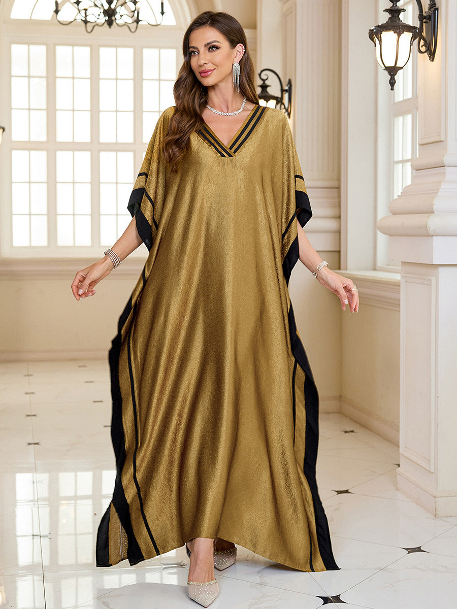 Polyester Satin Gold Vacation Beach Coat with Maxi Dress Loose Robe Swimsuit Blouse Sun Protective Clothing