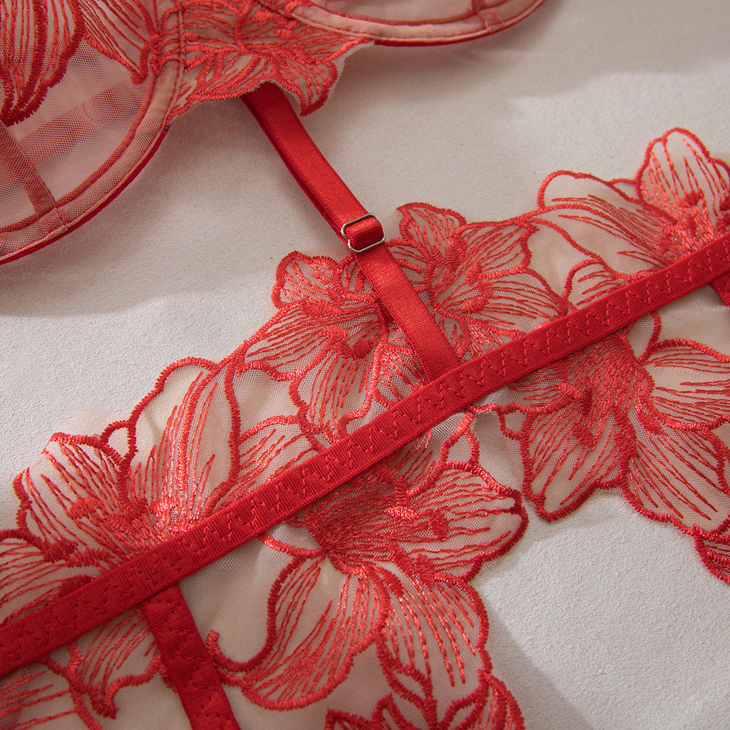 Red Lily Embroidered Halter Adjustable Detachable Creative Five Piece Set Valentine Gift