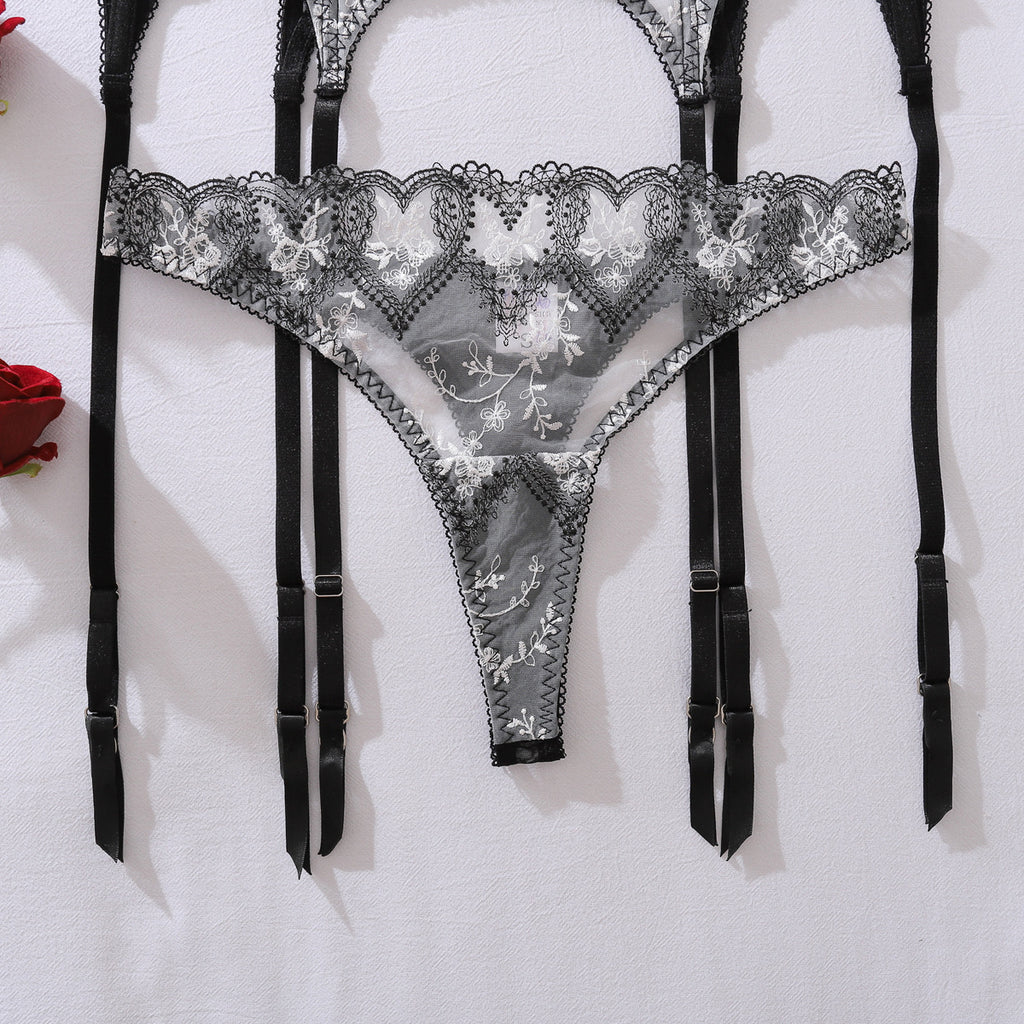 Love Contrast Color See through Embroidery Body Shaping Sexy Three Point Underwear Split Set