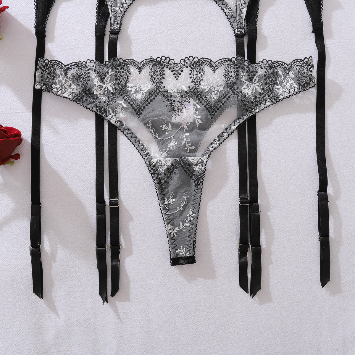 Love Contrast Color See through Embroidery Body Shaping Sexy Three Point Underwear Split Set