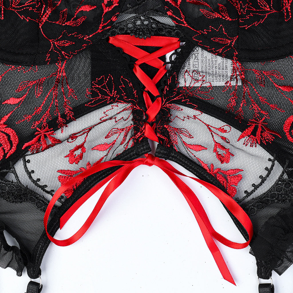 Floral Embroidery Cross Strap Women Clothing Sexy Lingerie Sexy Three Piece Set