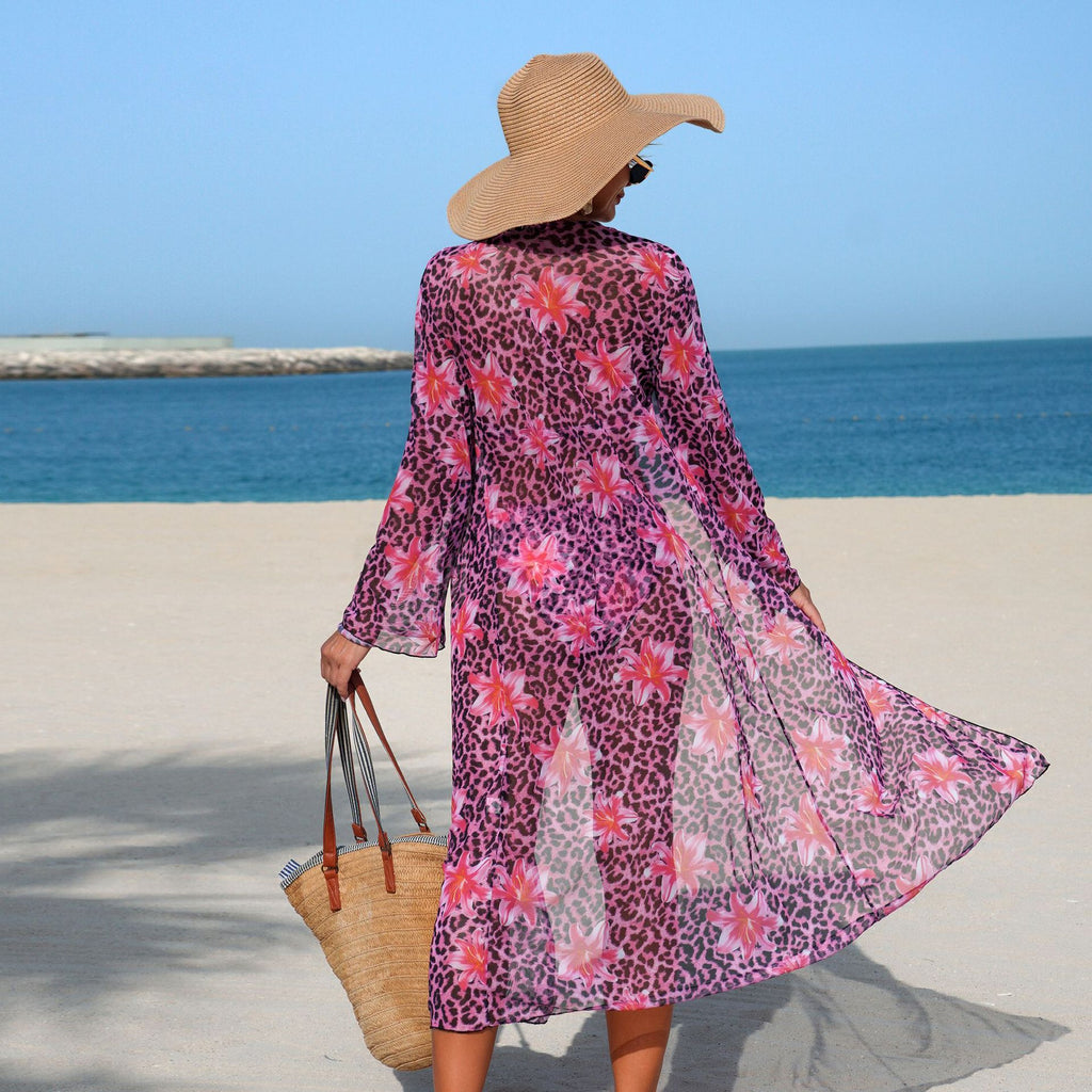 Swimwear women two piece three piece set leopard print long sleeve tagram blouse floral bikini