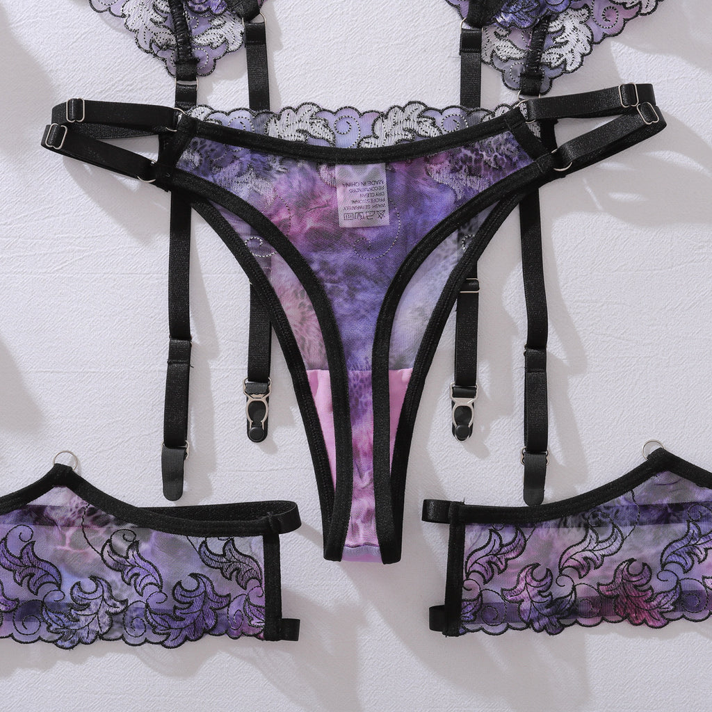 French See through Embroidery Stitching Mesh Body Shaping Sexy Purple Underwear Split Set