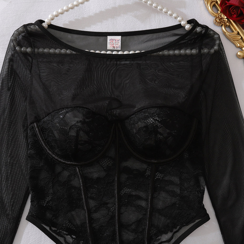 Floral Cutout Lace Stitching Sheer Mesh Body Shaping Sexy Jumpsuit Adjustable Crotch