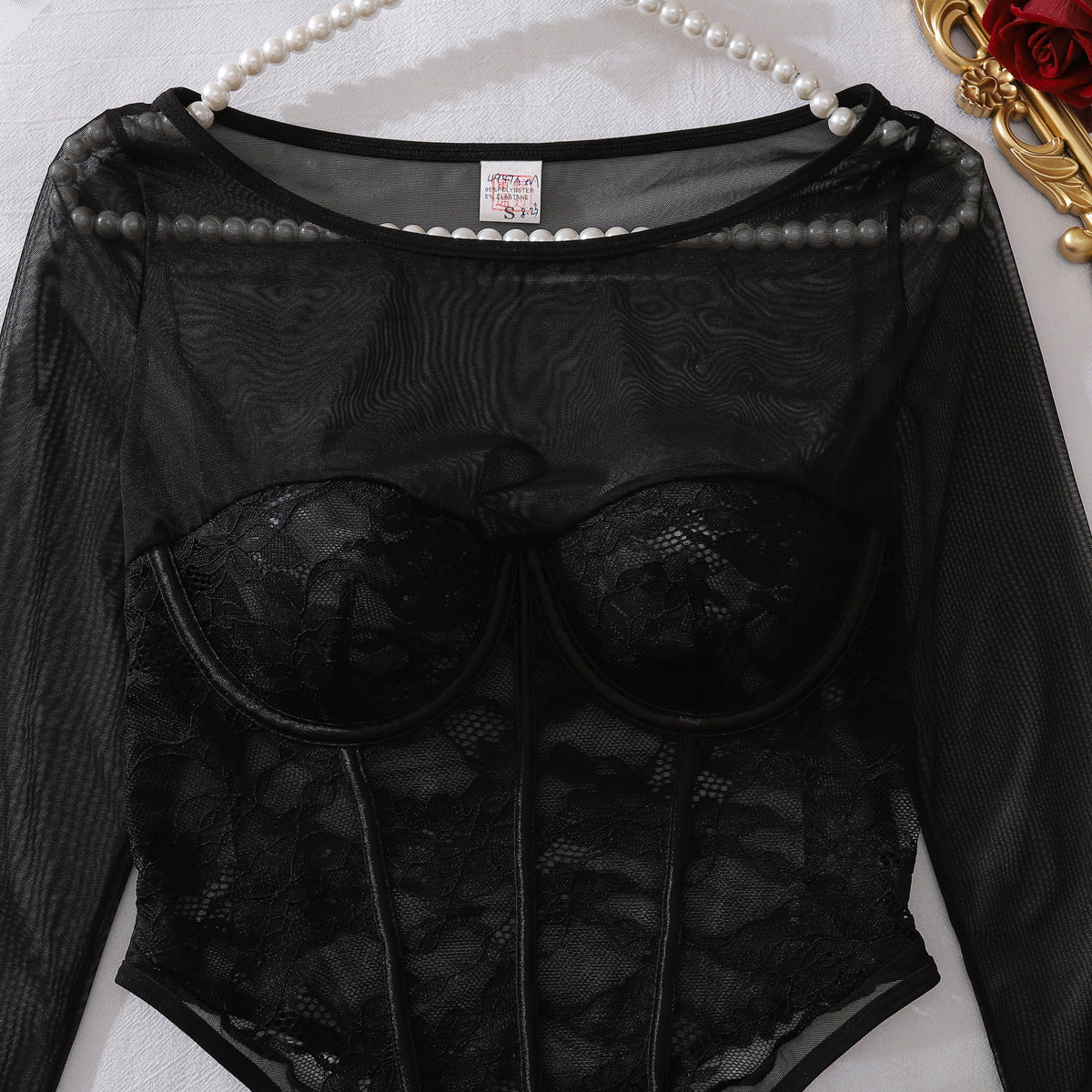 Floral Cutout Lace Stitching Sheer Mesh Body Shaping Sexy Jumpsuit Adjustable Crotch