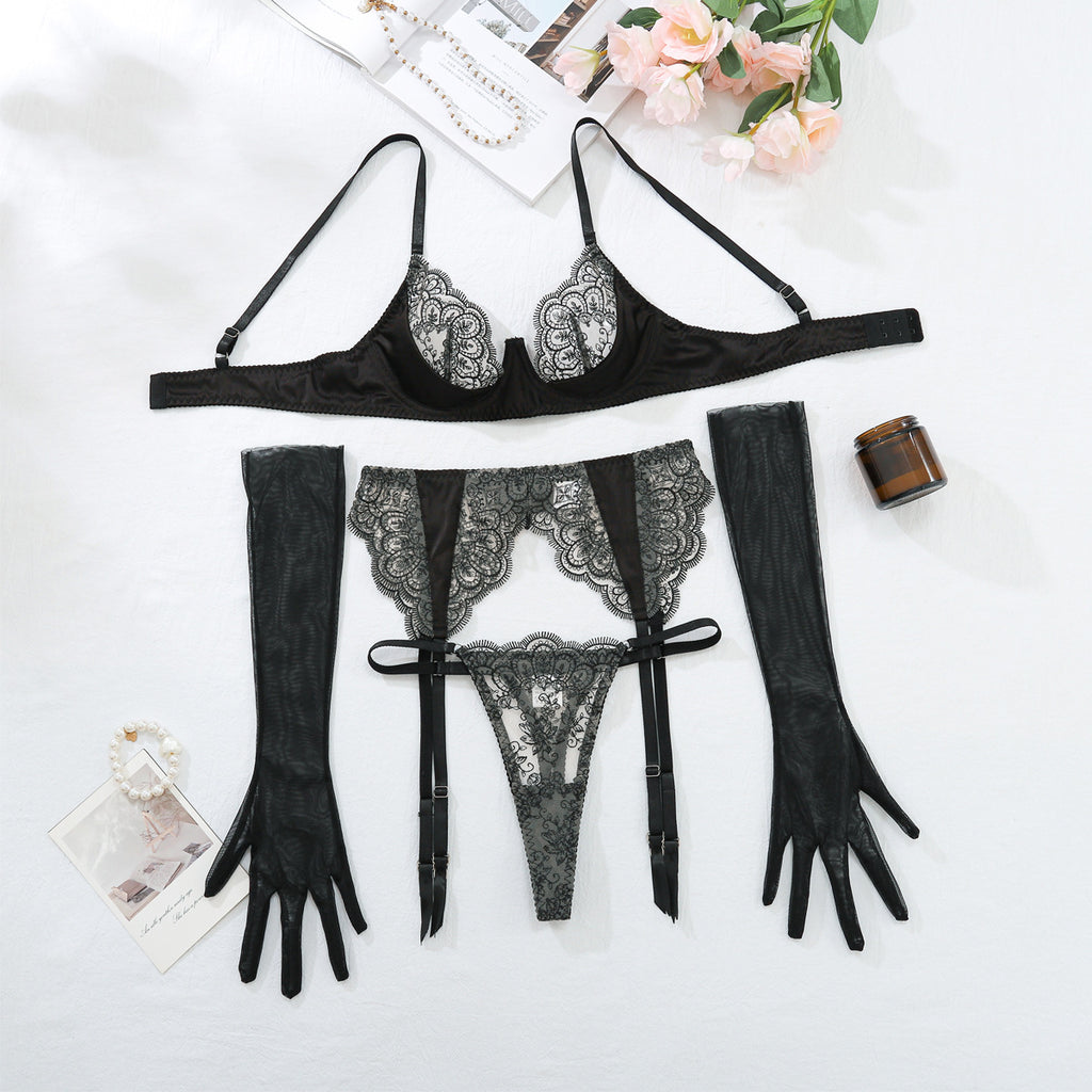 Popular Sexy Embroidery Lace Sexy Backless Bra Four Piece Set