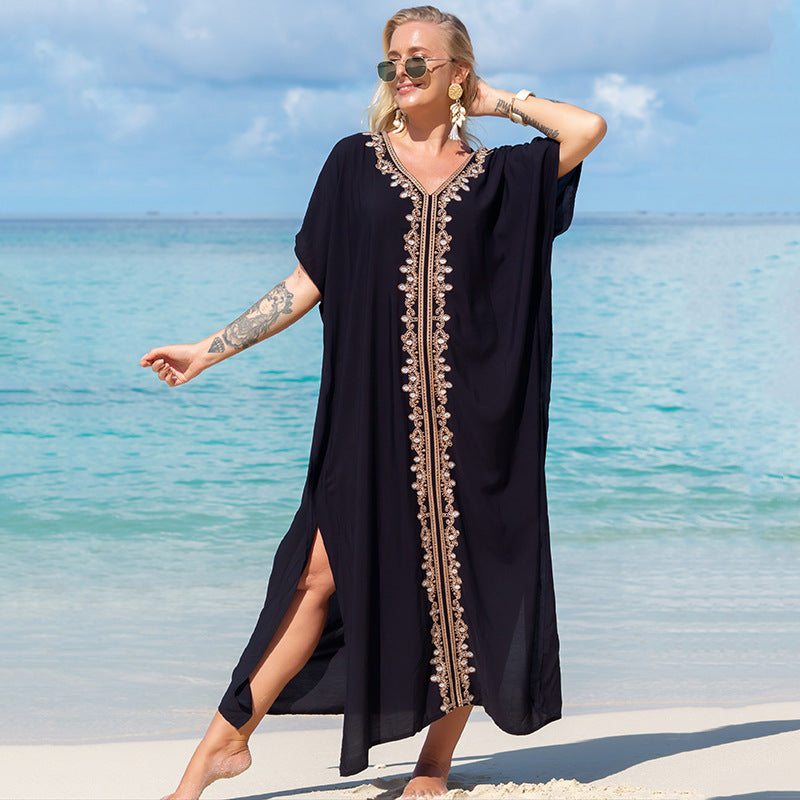 Embroidered Long Skirt Loose Maxi Dress Seaside Vacation Beach Dress Bikini Swimsuit Blouse Women