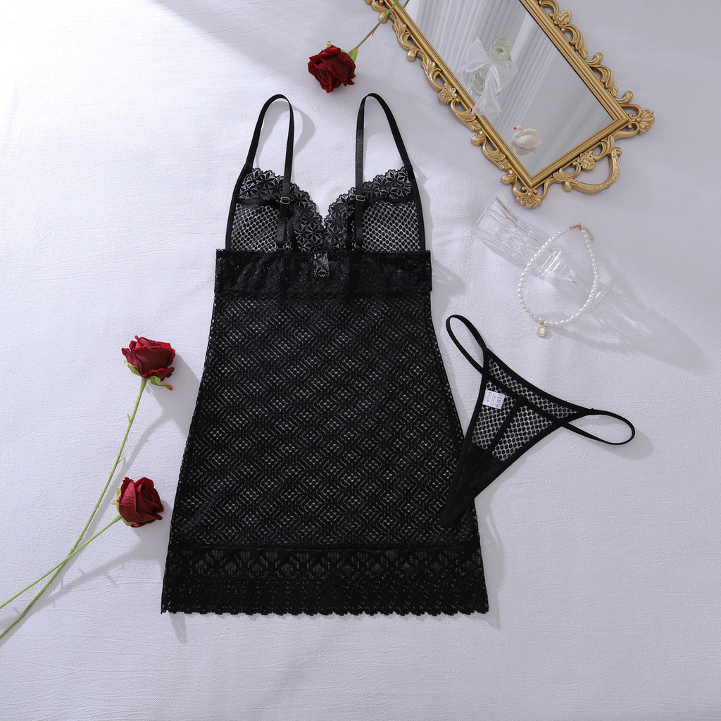 Deep V Plunge See through Lace Hollow Out Cutout Fishnet Clothes Body Shaping Sheath Sexy Sling Split Set