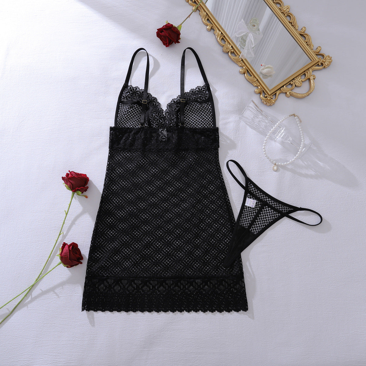 Deep V Plunge See through Lace Hollow Out Cutout Fishnet Clothes Body Shaping Sheath Sexy Sling Split Set
