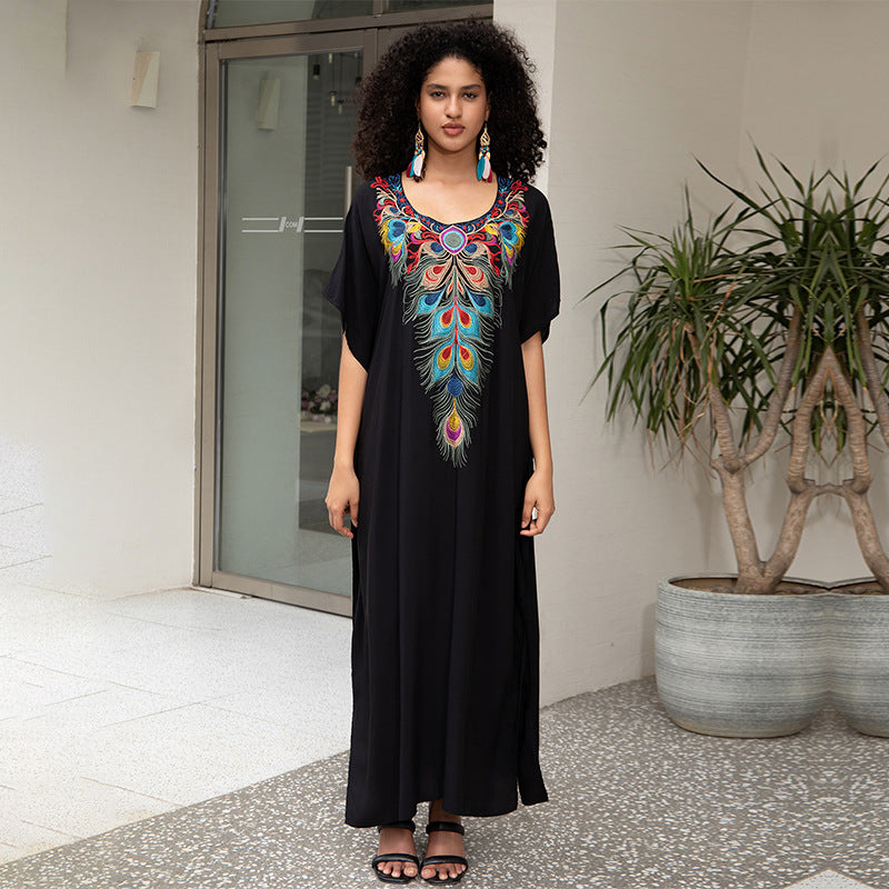 Rayon Embroidered Beach Maxi Dress Loose Maxi Dress Seaside Bikini Swimsuit Outwear Blouse Sun Protection Shirt