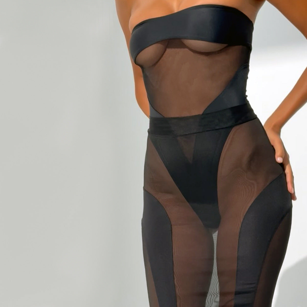 Sheer Mesh Jumpsuit Slim Fit Patchwork Sexy Underwear Two Piece