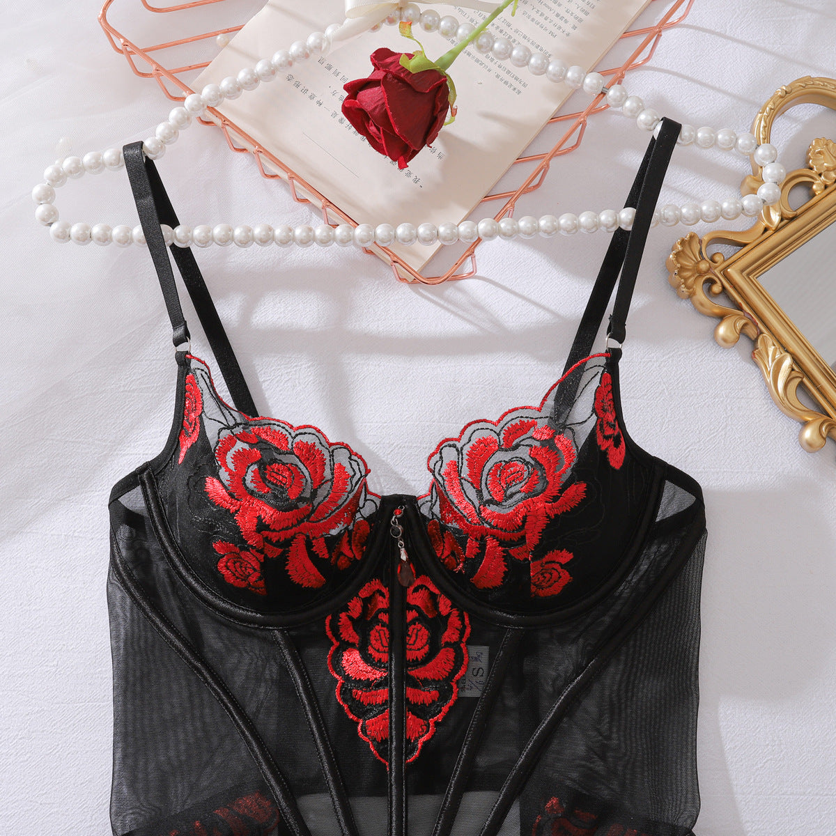 Contrast Color Lace Embroidery Corset See through Body Shaping Sexy Underwear Split Set