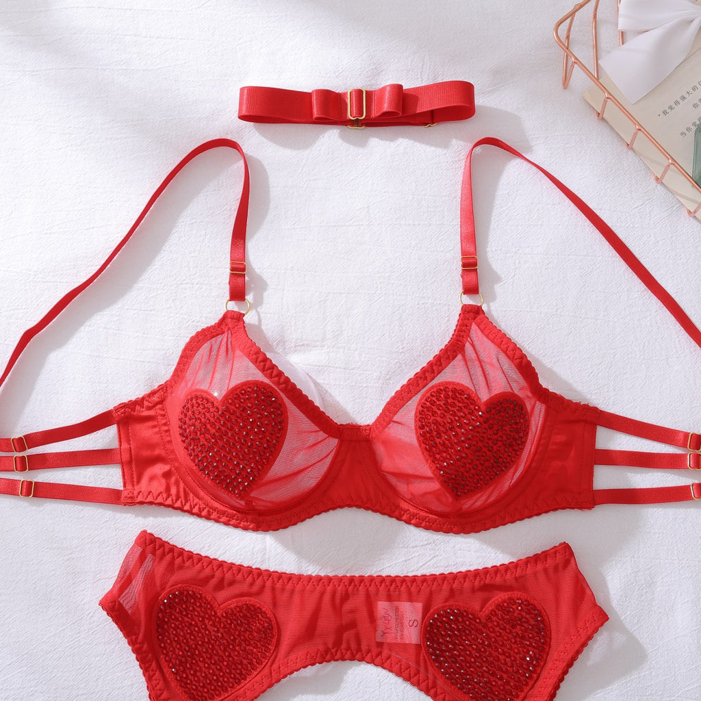 Heart Mesh Rhinestone Bra Set — Five Piece