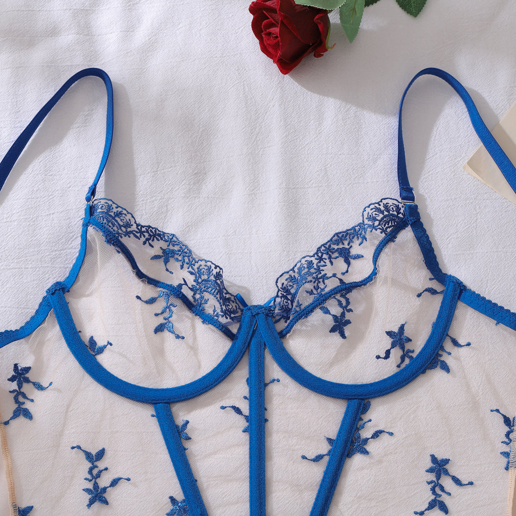 Bowknot Decorative Blue Floral Embroidery Cinched Waist Slim Fit Sexy Split Underwear Set