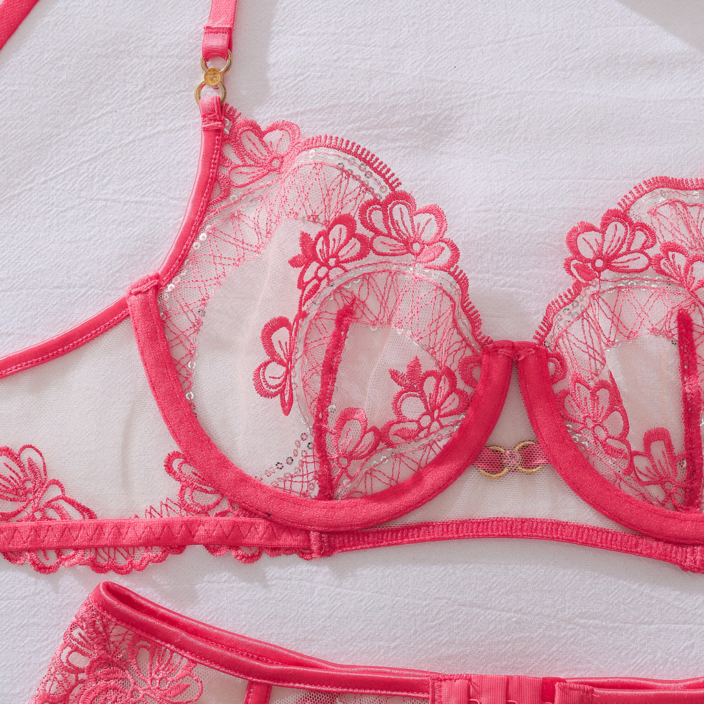 See through Embroidery Lace Body Shaping Sexy Underwear Split Two Piece Sets