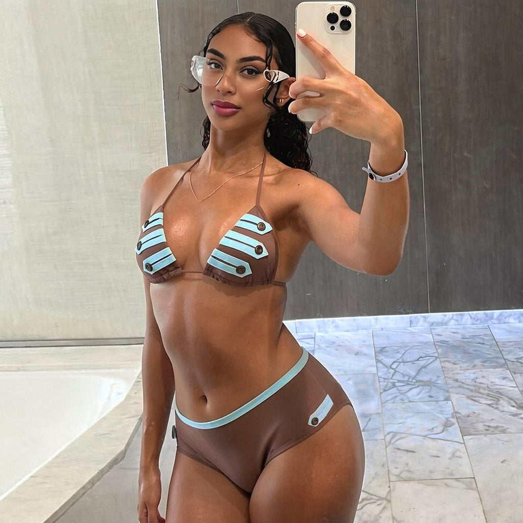 Spring Women Clothing Vacation Halter Lace up Backless Sexy Bikini Set