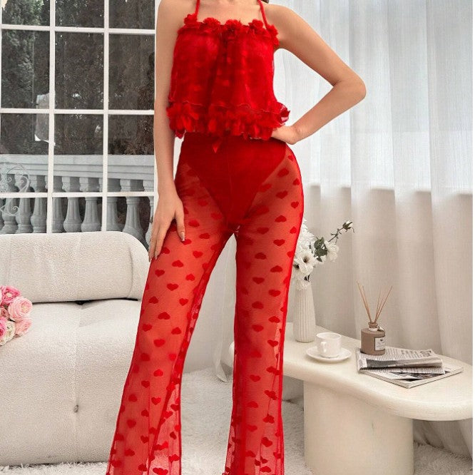 Sexy Love Jacquard Mesh Thin Transparent Pajamas Suspenders Sexy Lingerie Set