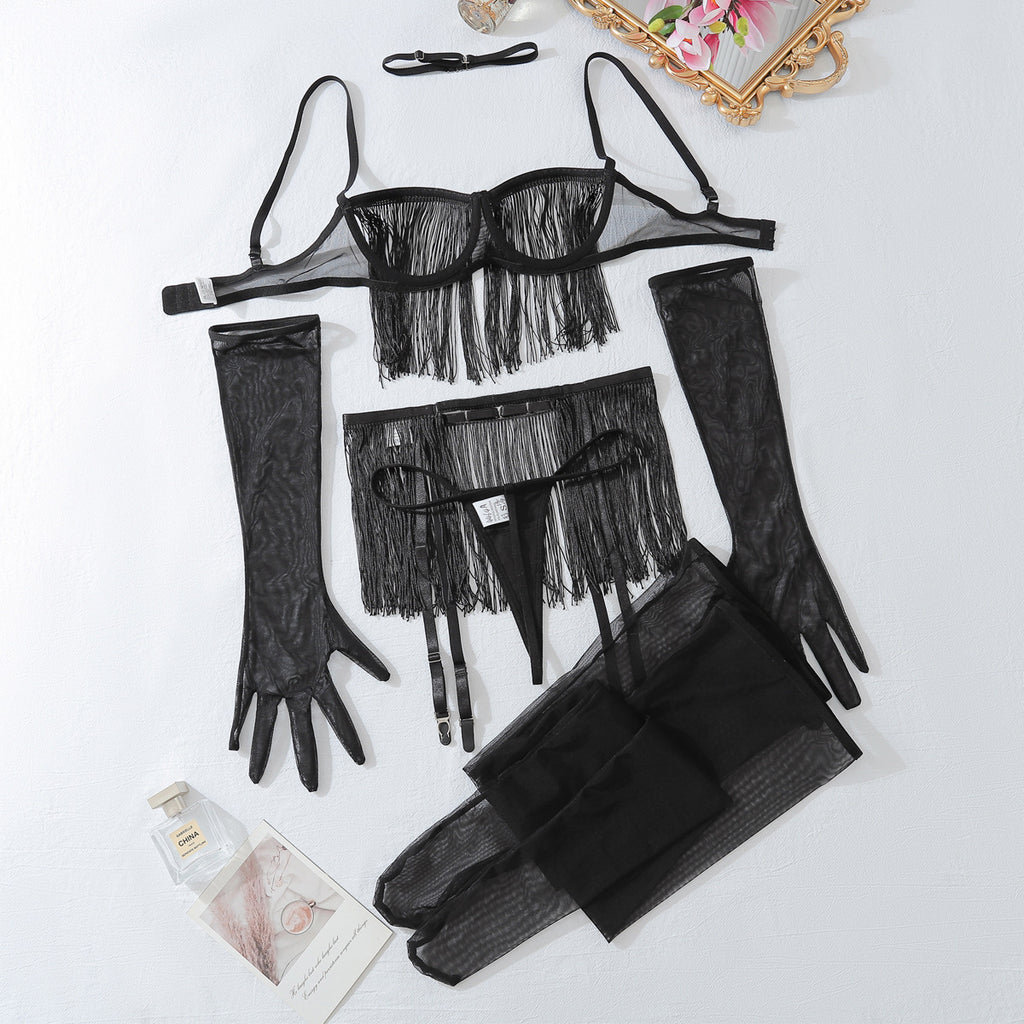 Sexy Lace See through Tassel Hollow Out Cutout Underwear Free Temptation Sexy Six Piece Set