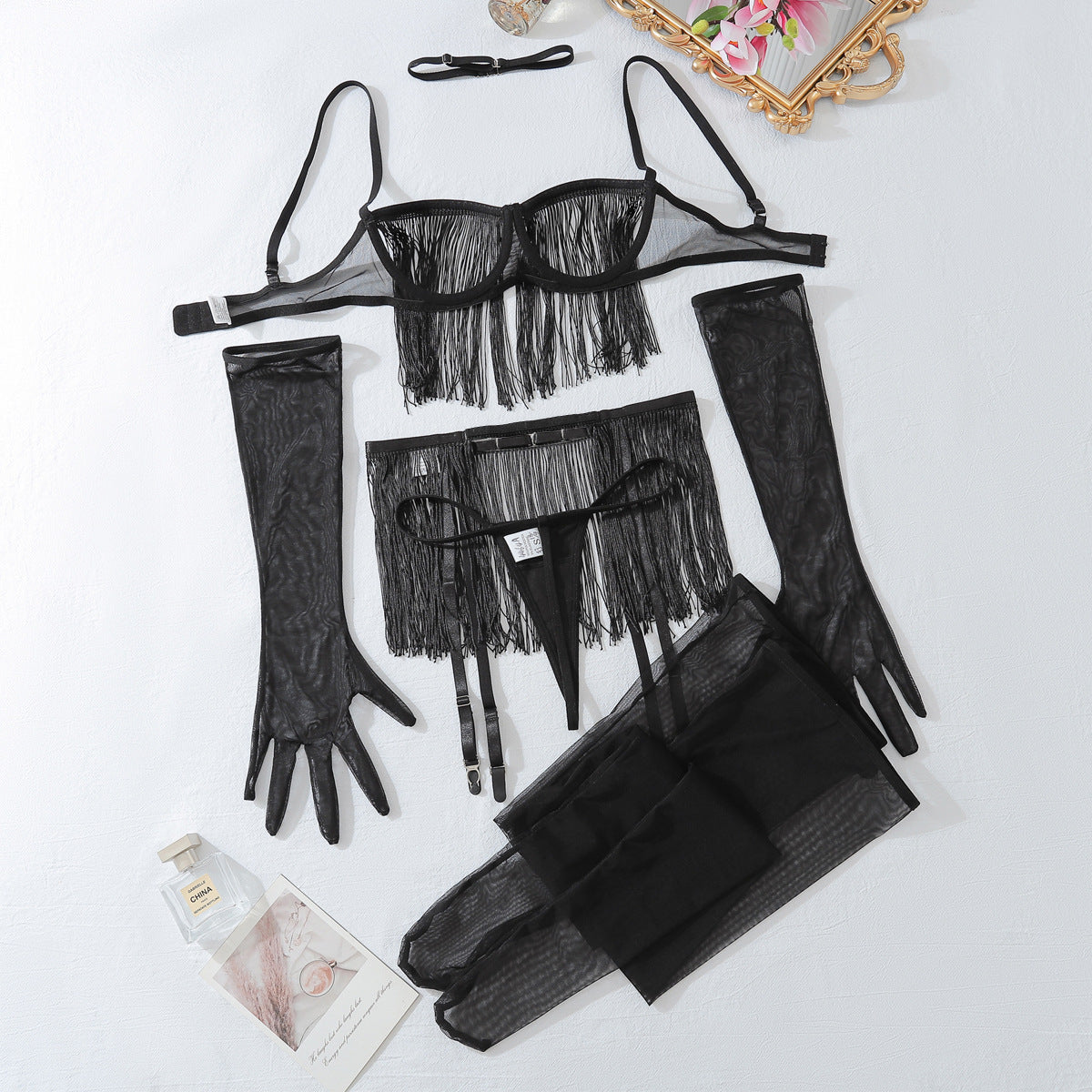 Sexy Lace See through Tassel Hollow Out Cutout Underwear Free Temptation Sexy Six Piece Set