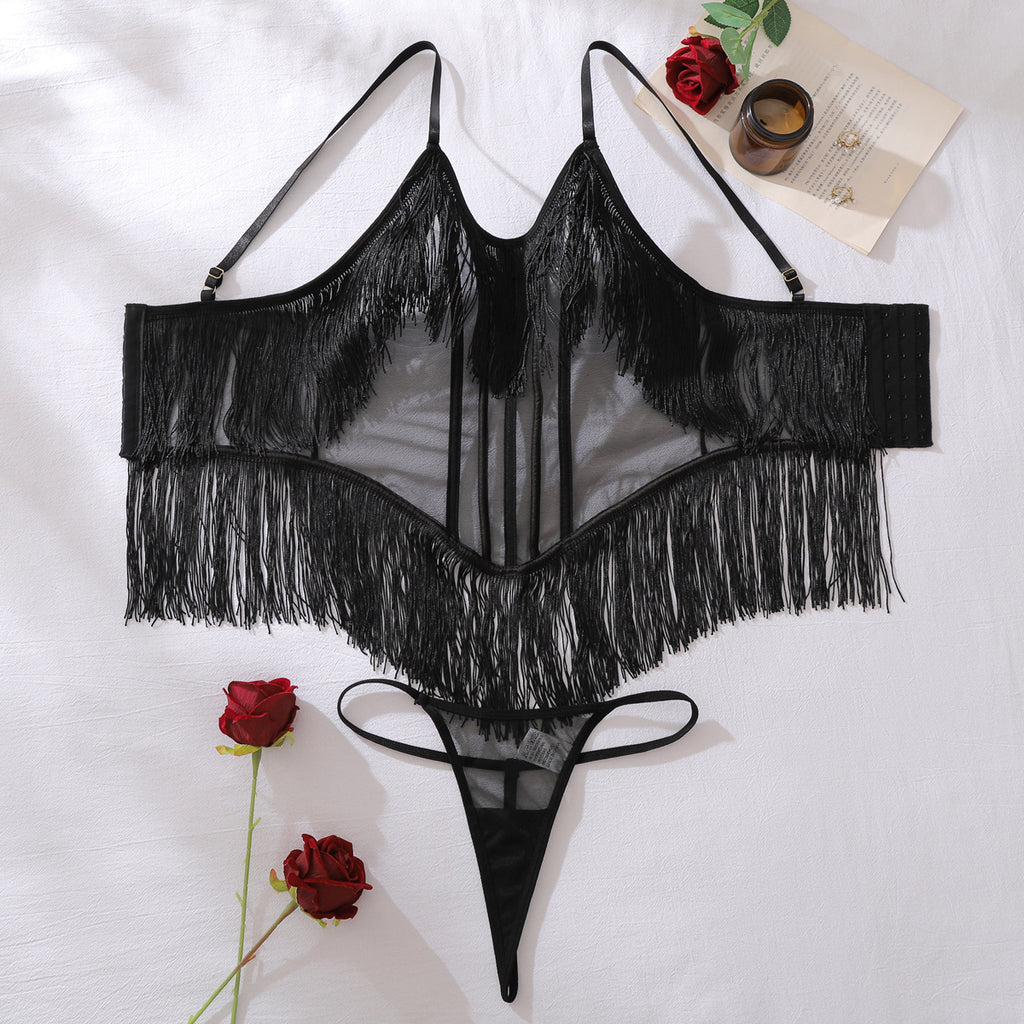 Sexy Sheer Mesh Sexy Sling Tassel Shapewear Panties Two Piece Sets