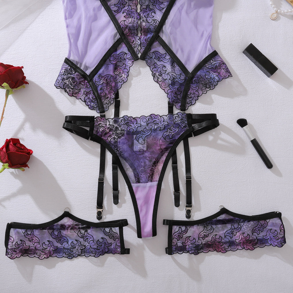 French See through Embroidery Stitching Mesh Body Shaping Sexy Purple Underwear Split Set