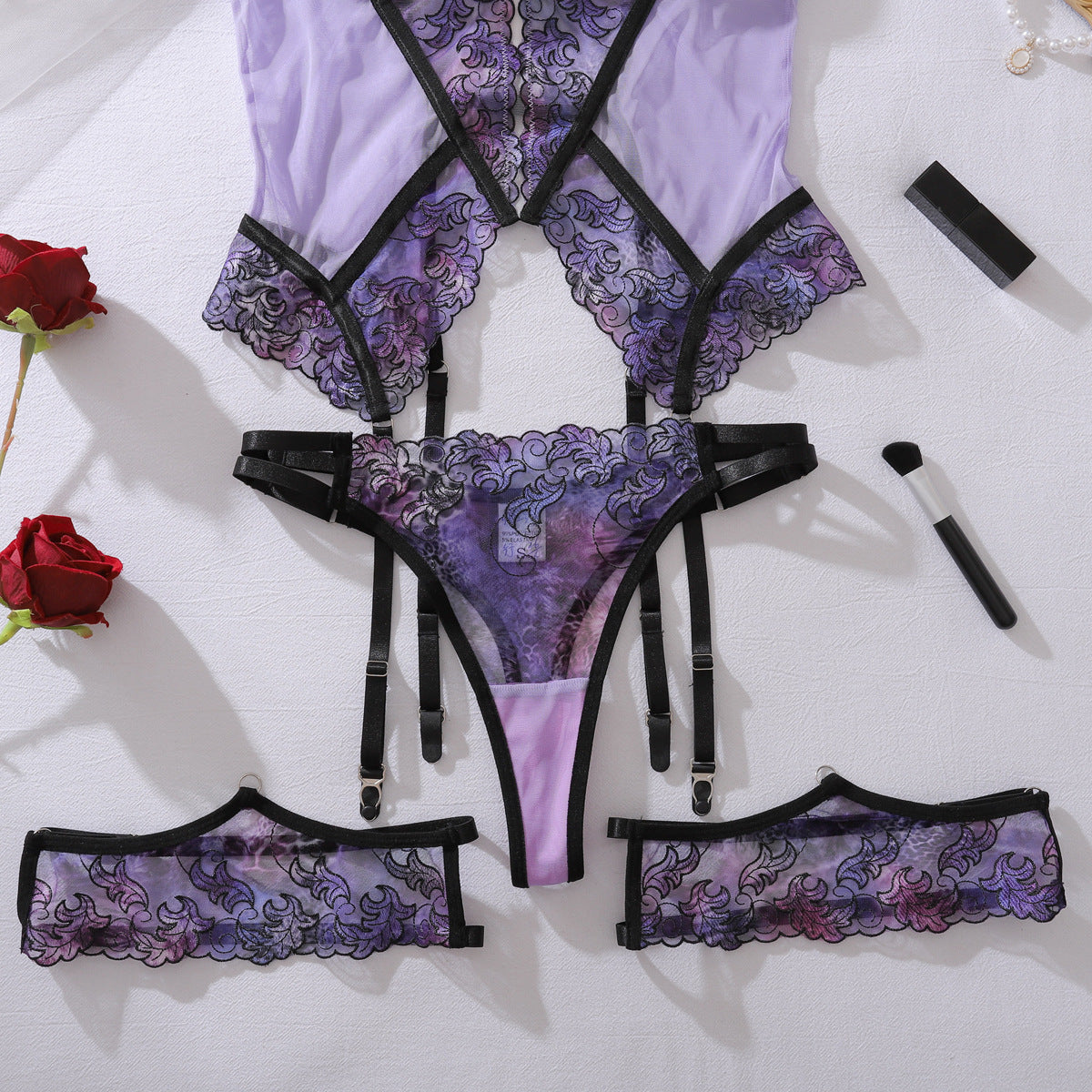 French See through Embroidery Stitching Mesh Body Shaping Sexy Purple Underwear Split Set