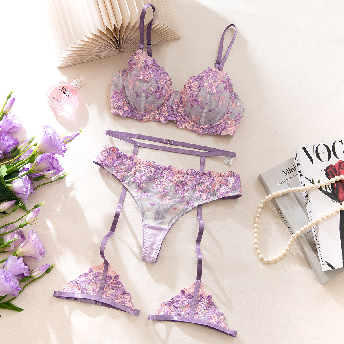 Purple Floral Embroidered Chest Cup with Lining Not Transparent Sexy Lingerie Three Piece Set Women