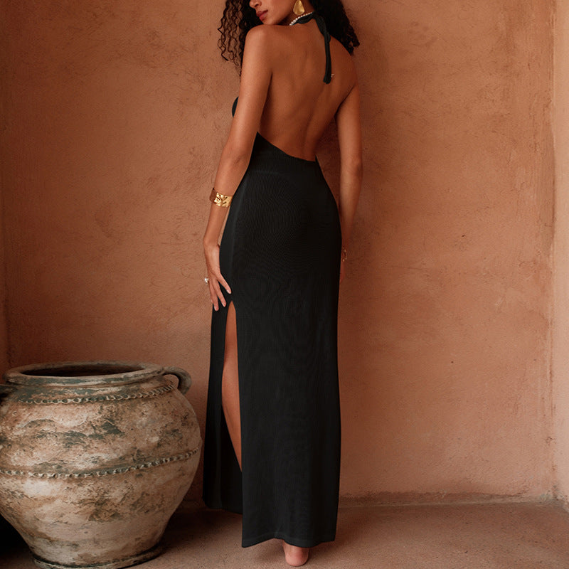Dress Sexy Solid Color Halter Decorative Hollow Out Cutout Maxi Dress Beach Sun Protection Dress