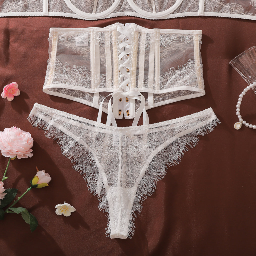 French Lace Sling See through Push up Body Shaping Sexy Thin Underwear Set