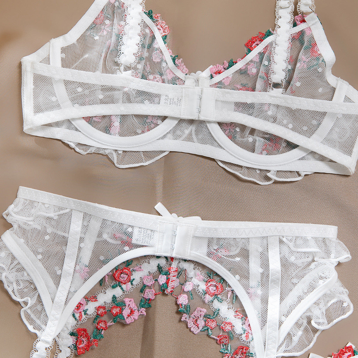 Women Clothing Sexy Lingerie Small Broken Floral Embroidery Mesh Dot Pleated Lace Four Piece Set