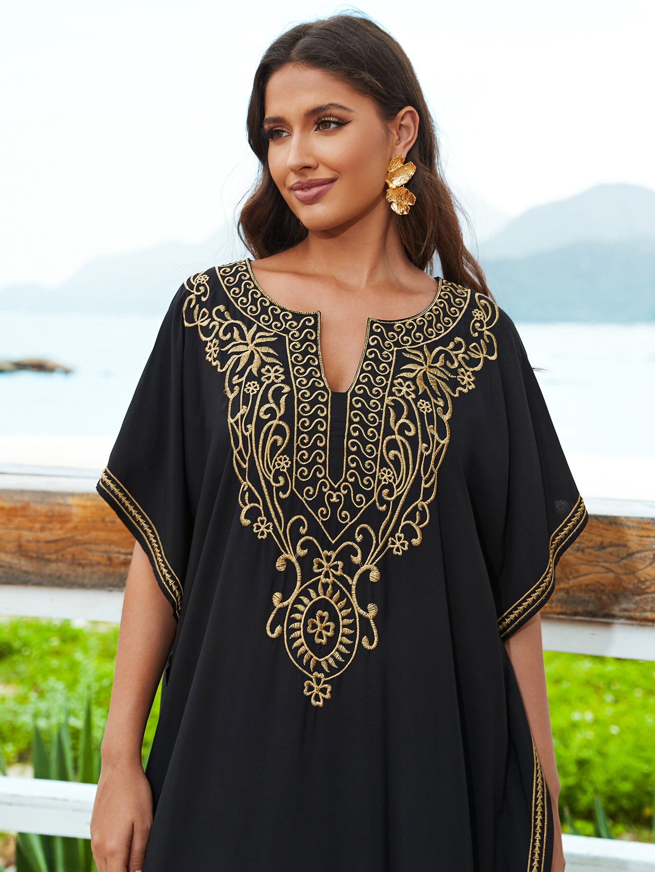 Cotton Embroidered Casual Vacation Loose Maxi Dress Beach Jacket Women Maxi Dress Beach Cover Up