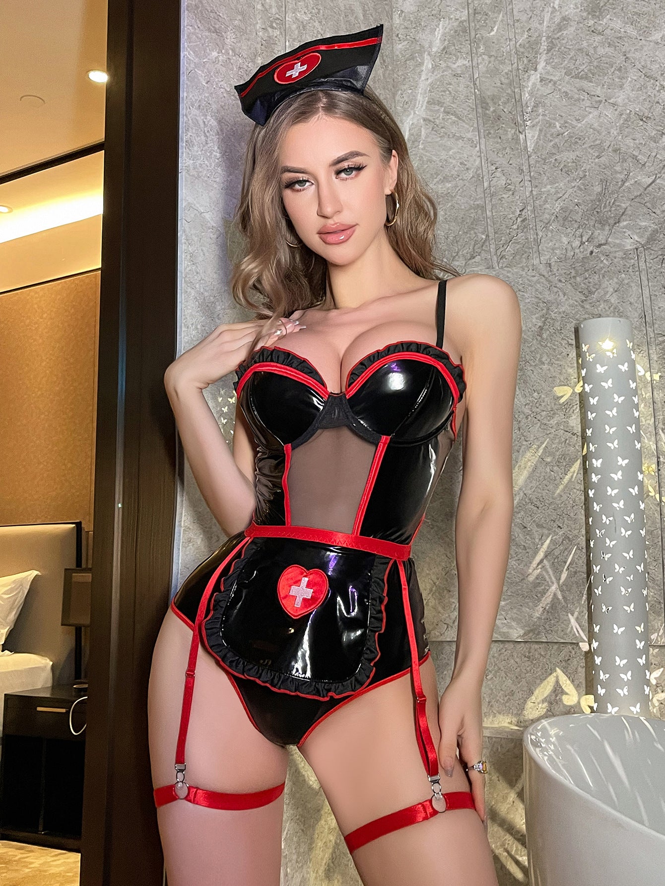 Black Red Matching Sexy Tight Jumpsuit Nurse Role Play Game Clothes Sexy Underwear